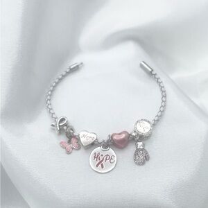 White Leather Braided Bolo Cord Bracelet with Breast Cancer Awareness Charms